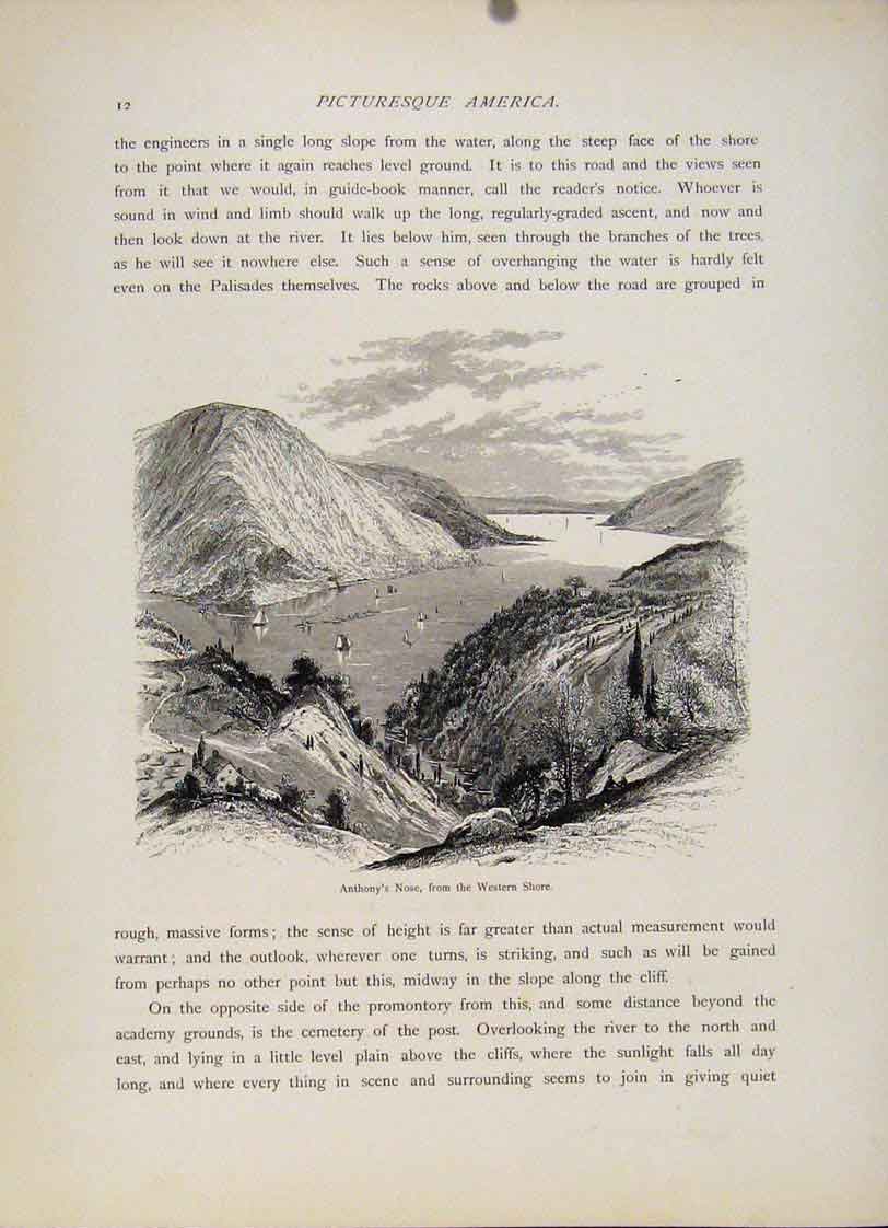 Original Old Antique Print Western Shore Anthonys Nose Wood Engraving