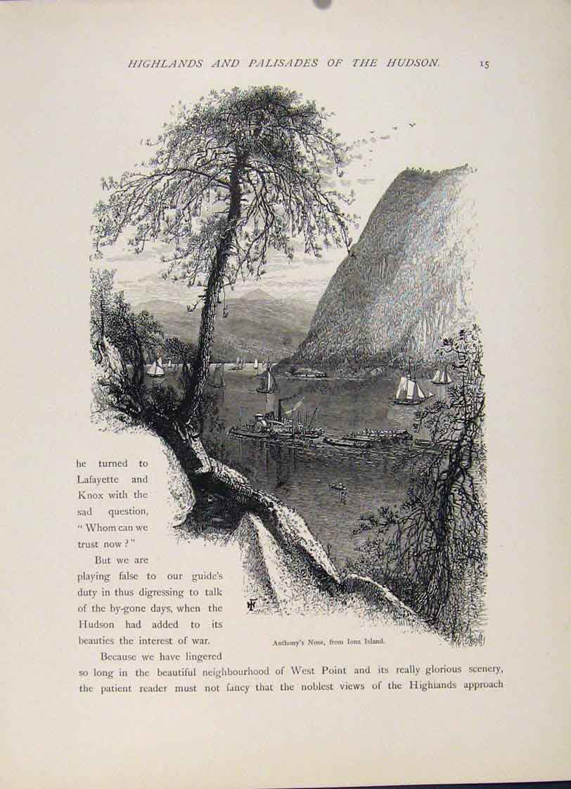 Original Old Antique Print Anthony Nose Iona Island Engraving Art C1872 19th