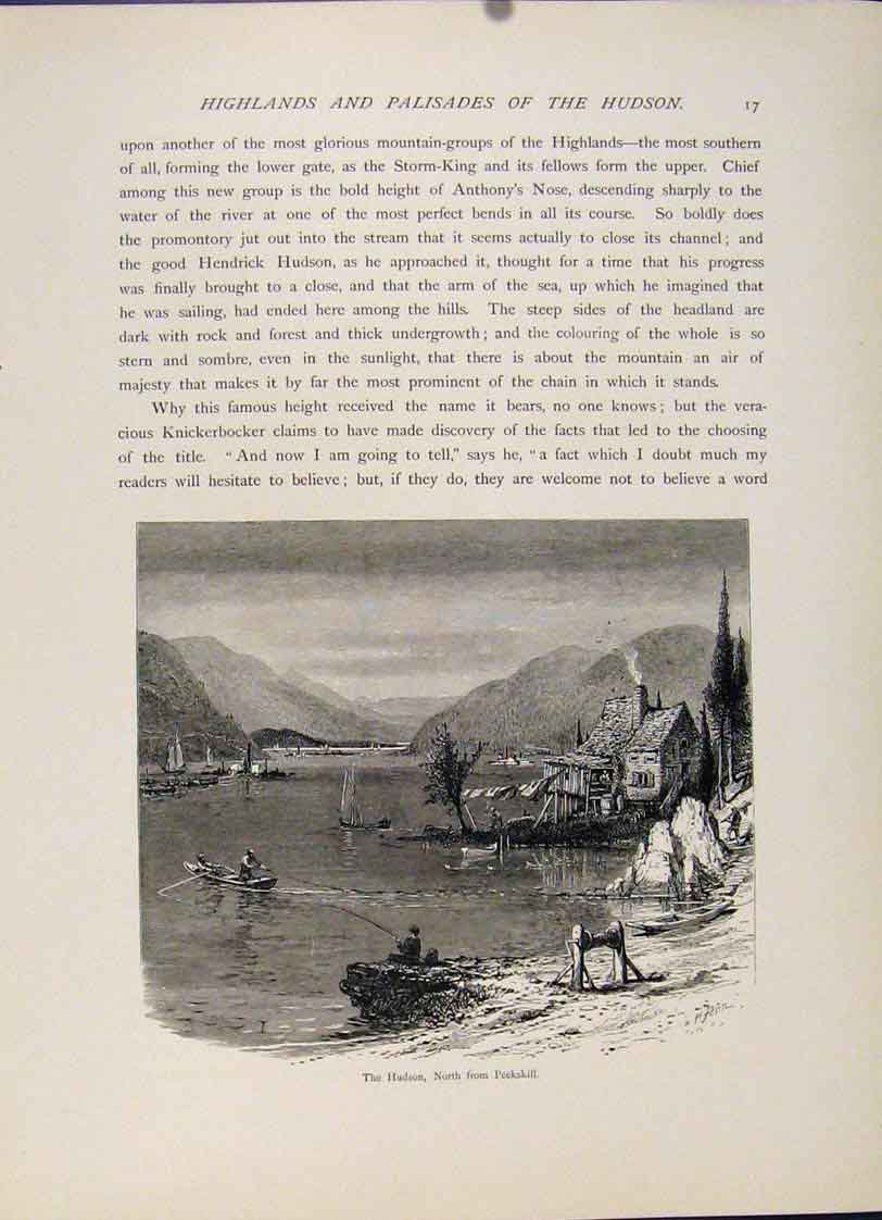 Original Old Antique Print Hudson North Peekshill Wood Engraving C1872 Victorian