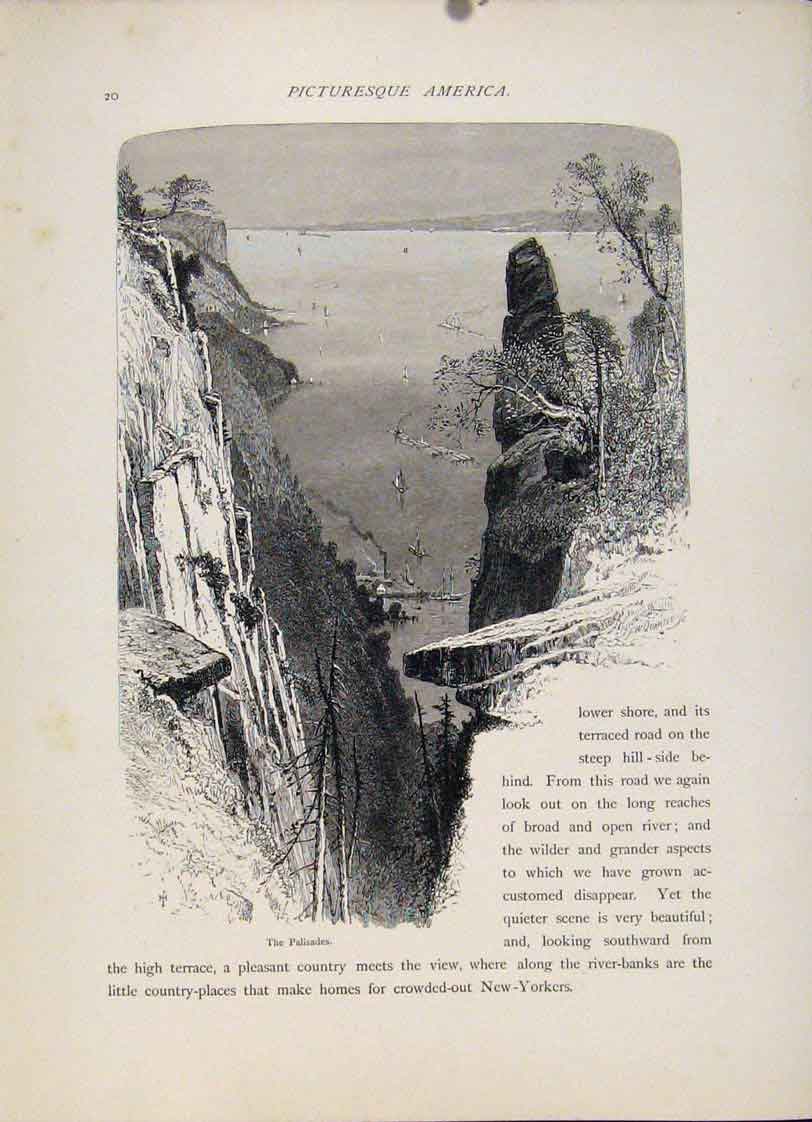 Original Old Antique Print Wood Engraving Palisades Fine Art C1872 Victorian