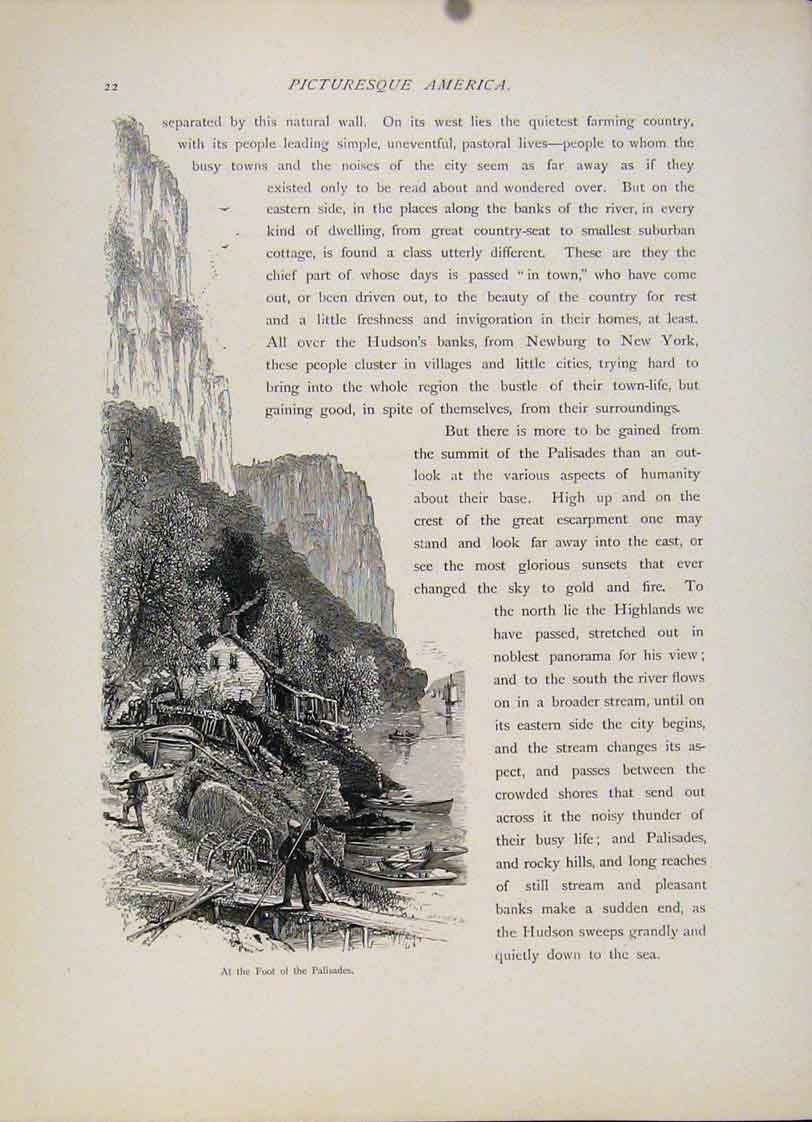 Original Old Antique Print Foot Palisades Wood Engraving Fine Art