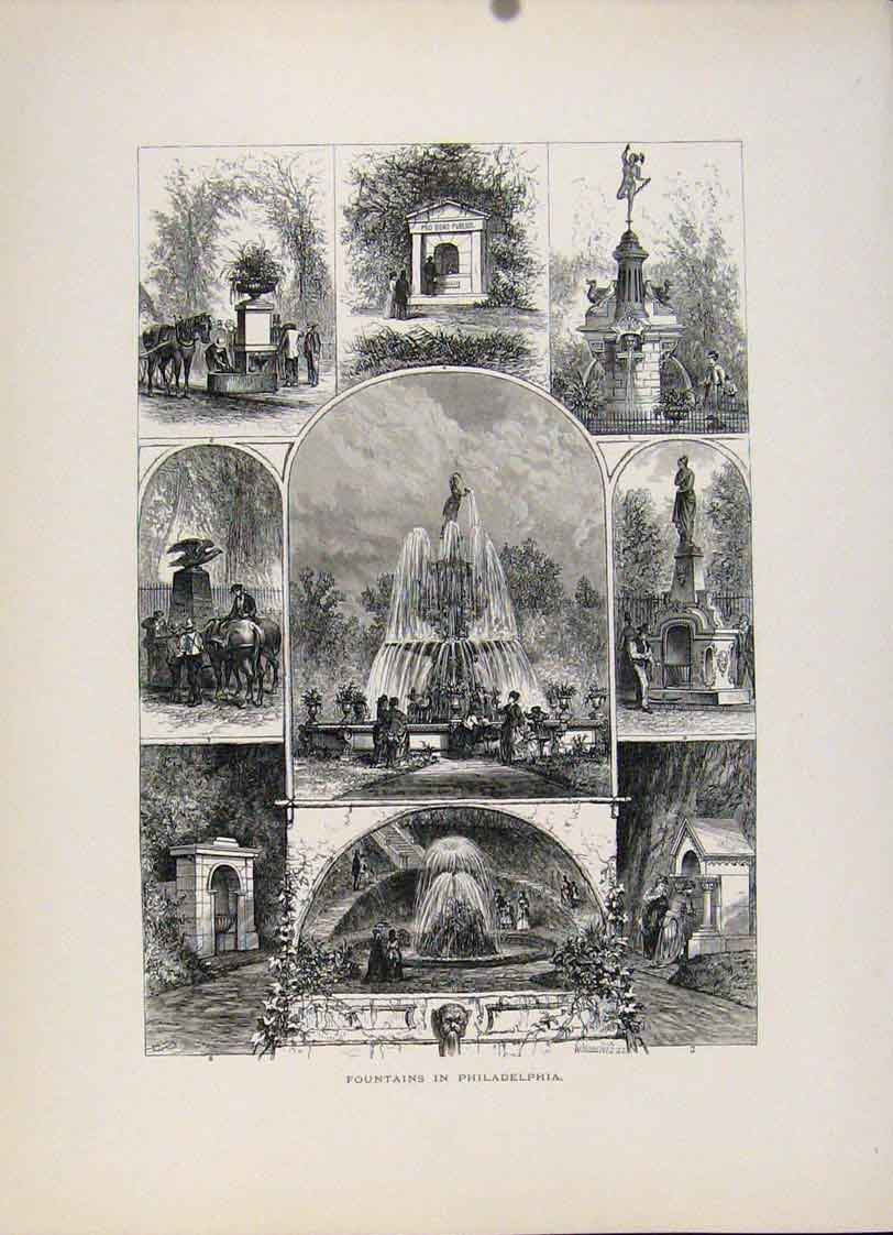 Original Old Antique Print Fountains Philadelphia Wood Engraving