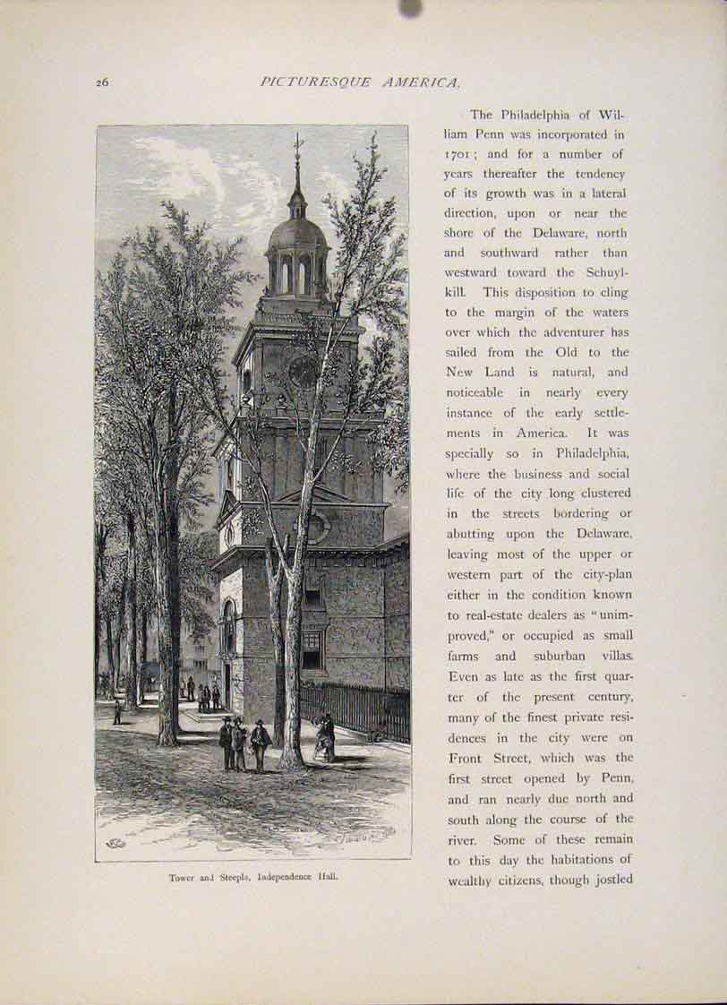Original Old Antique Print Tower Steeple Independence Hall Fine Art