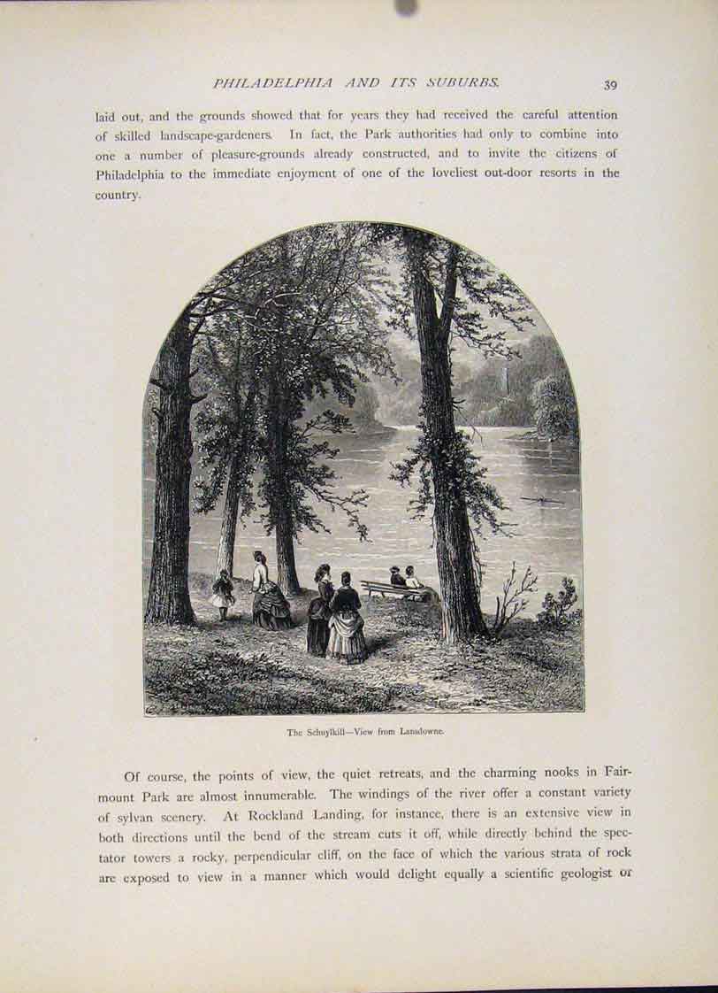 Original Old Antique Print Schuylkill Lansdowne Fine Art Wood Engraving