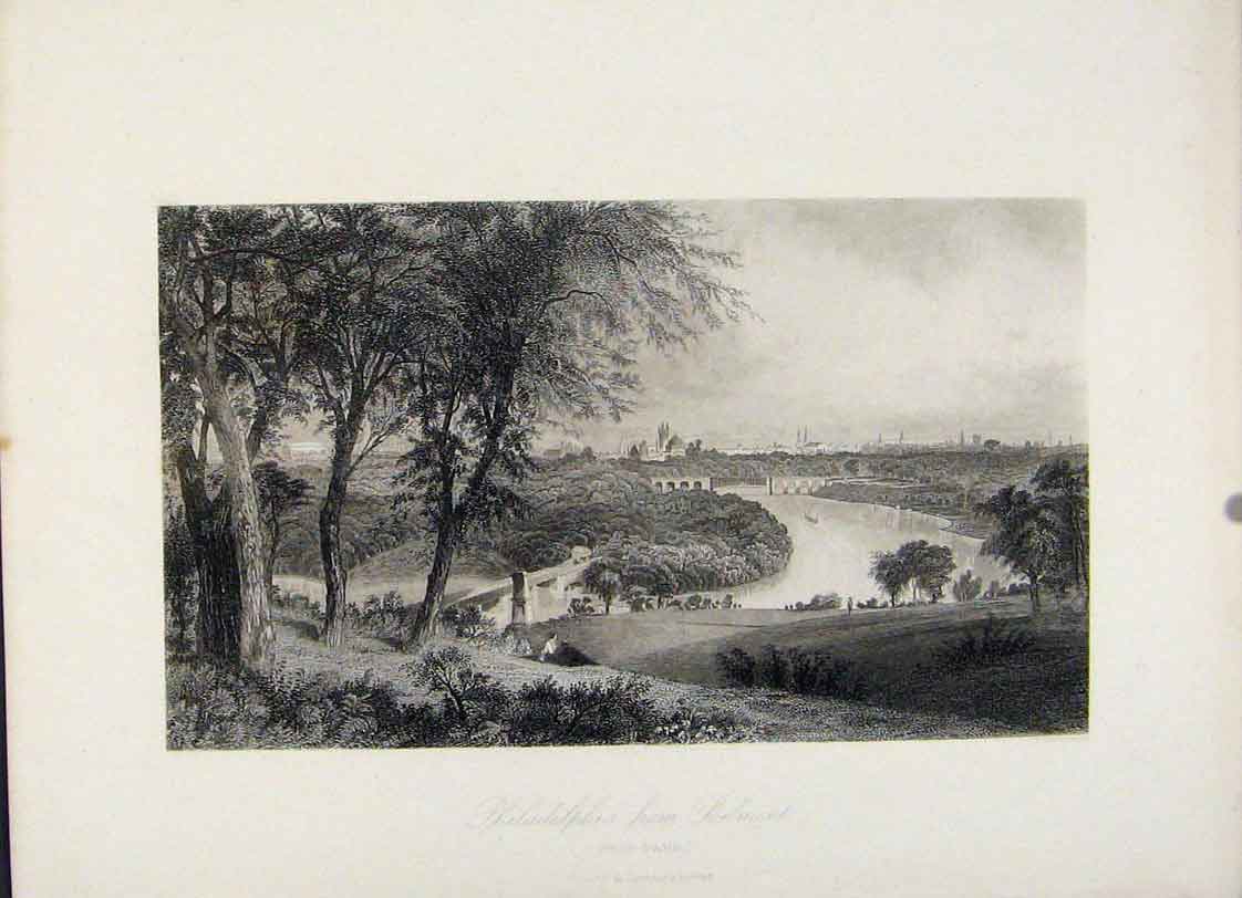 Original Old Antique Print Philadelphia Belmont West Park Steel Engraved