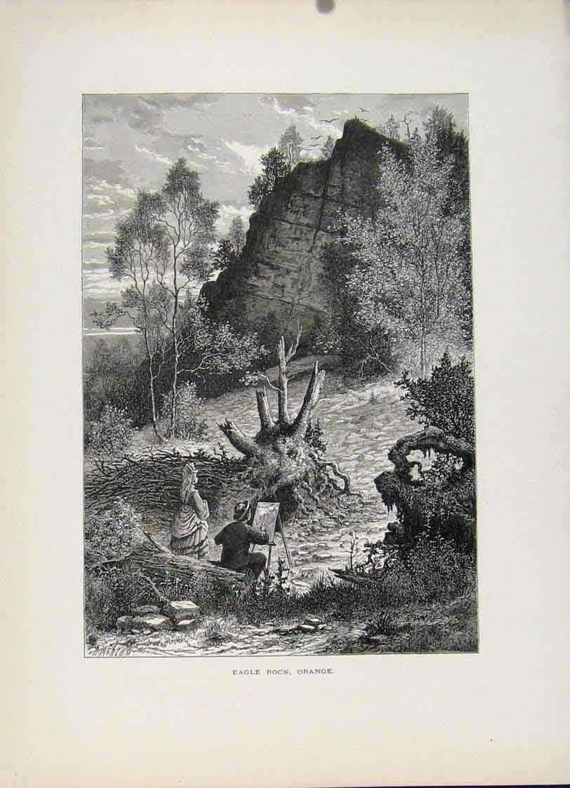 Original Old Antique Print Wood Engraving Fine Art C1872 Eagle Rock Orange 19th