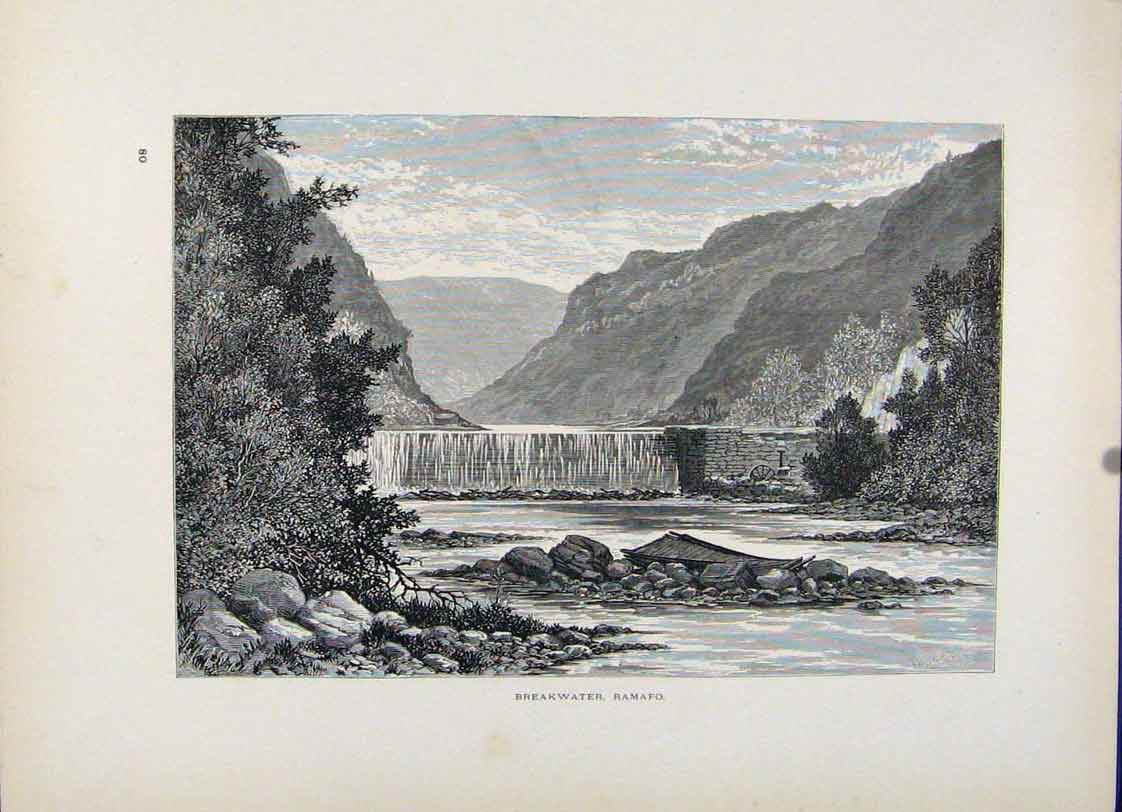 Original Old Antique Print Breakwater Ramafo C1872 Wood Engraving 19th