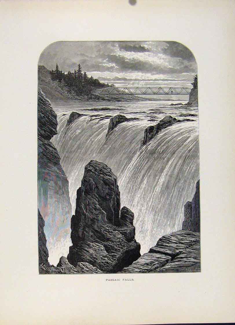 Original Old Antique Print Passaic Falls Fine Art Wood Engraving C1872 Victorian
