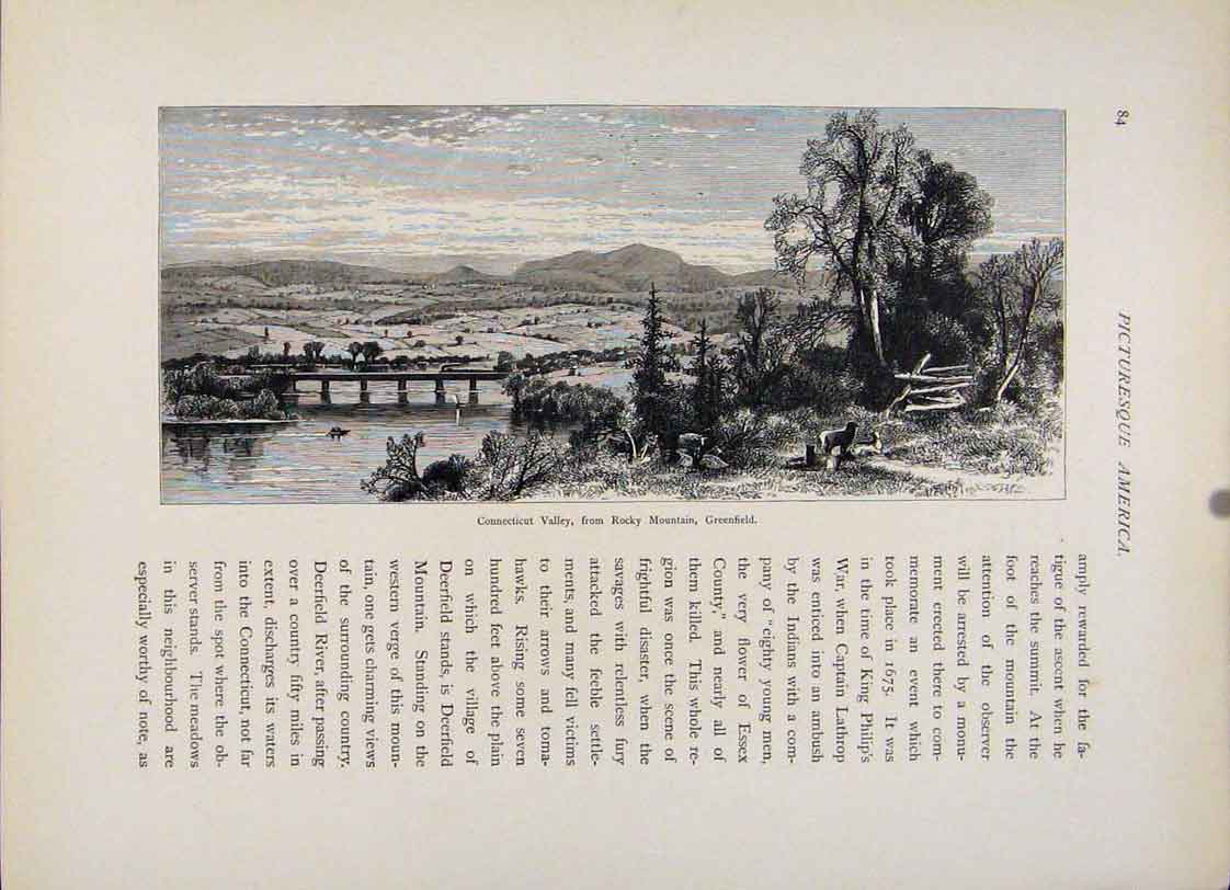 Original Old Antique Print Connecticut Valley Rocky Mountain Greenfield