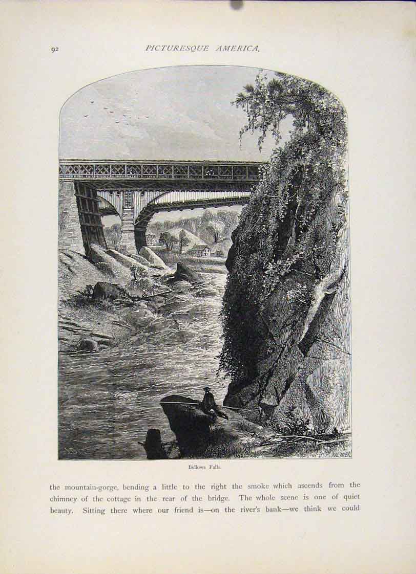 Original Old Antique Print Bellos Falls Wood Engraving C1872 Art 19th