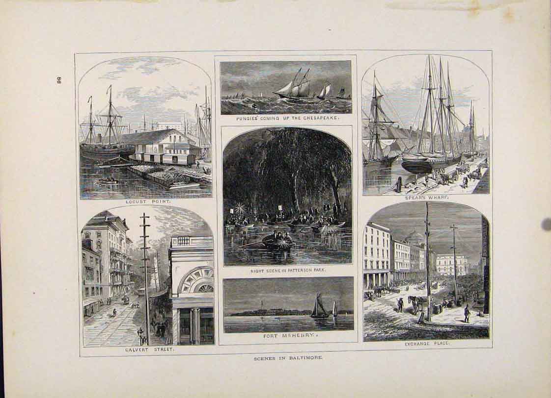 Original Old Antique Print Baltimore Calvert Street Chesapeake Spears Warf