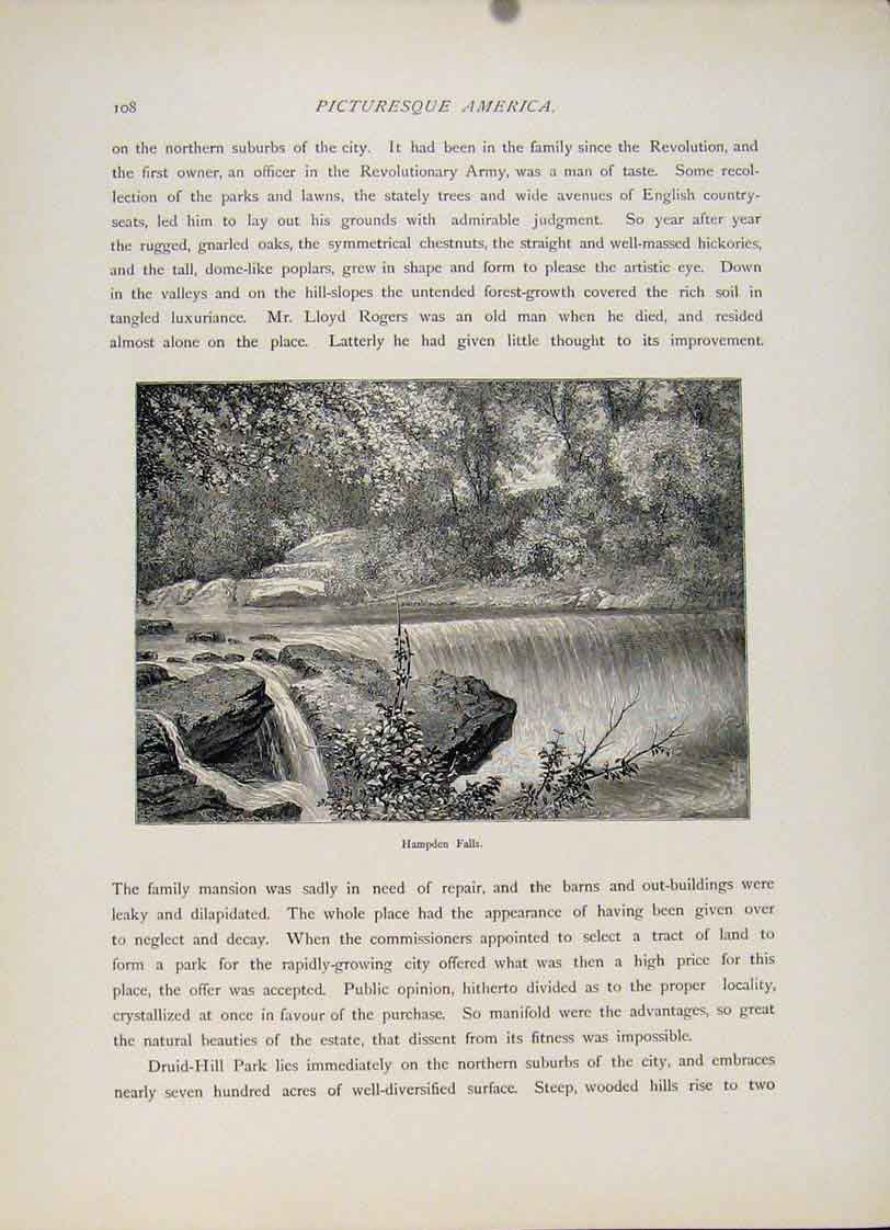 Original Old Antique Print Hampden Falls Wood Engraving Fine Art
