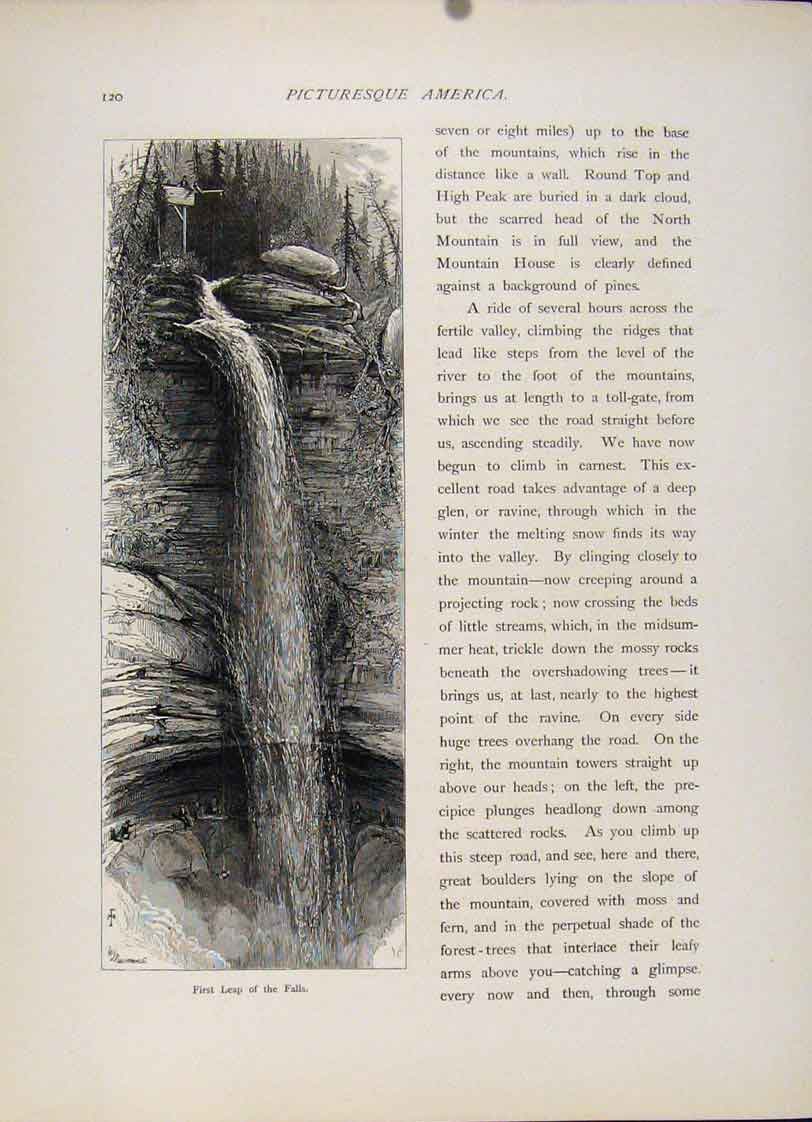 Original Old Antique Print Leap Falls Fine Art Wood Engraving C1872 Victorian