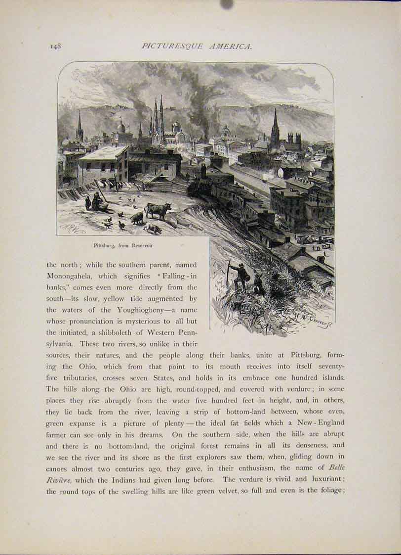 Original Old Antique Print Pittsburg Reservoir Fine Art Wood Engraving