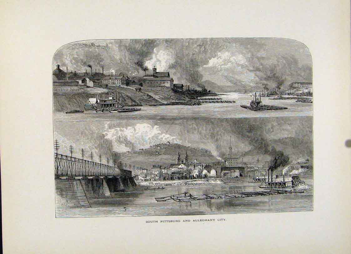 Original Old Antique Print South Pittsburg Aleghany City Wood Engraving