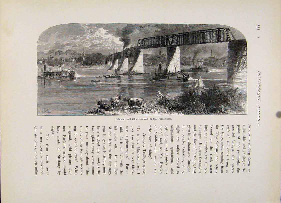 Original Old Antique Print Wood Engraving Baltimore Ohio Railroad Bridge