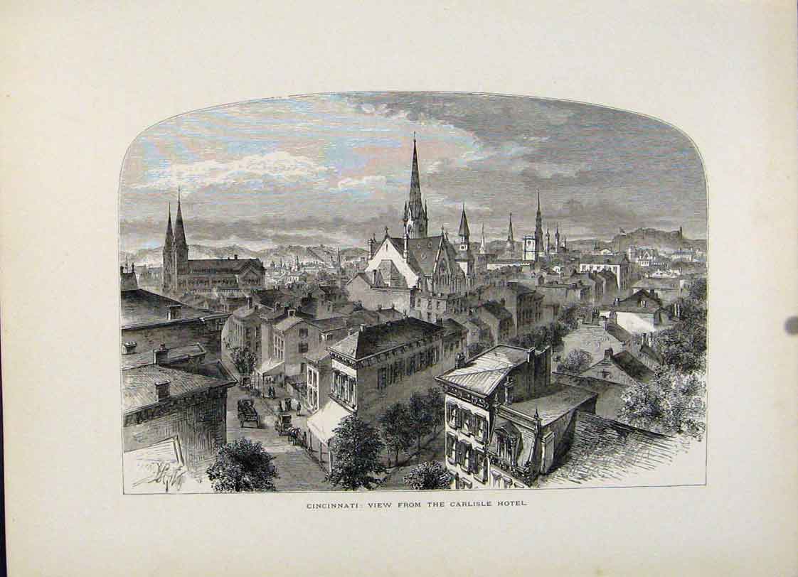 Original Old Antique Print Cincinnati Carlisle Hotel Wood Engraving