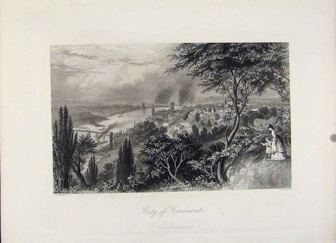 Original Old Antique Print Steel Engraving City Cincinnati 1872 Art Victorian