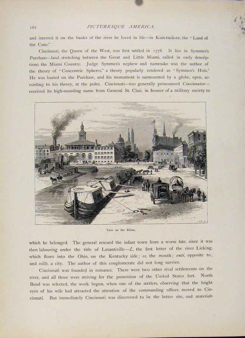 Original Old Antique Print View Rhine Wood Engraved Fine Art