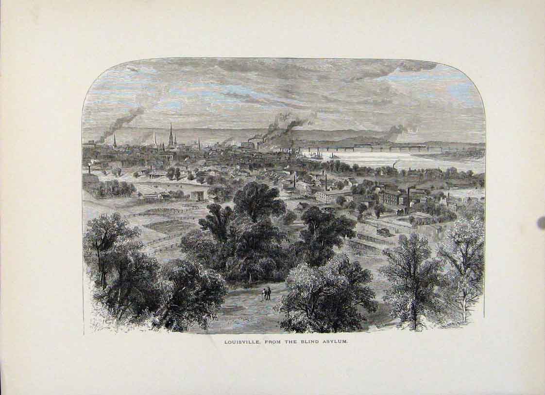 Original Old Antique Print Louisville Blind Asylum Wood Engraving