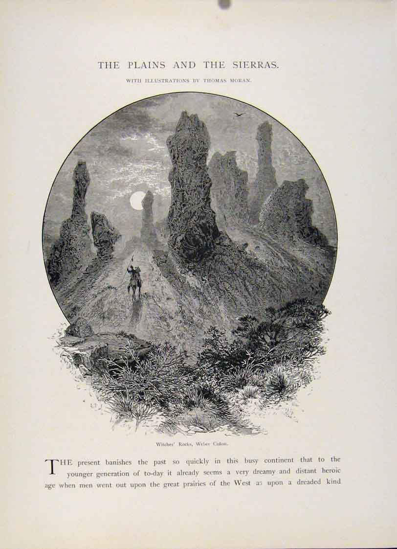 Original Old Antique Print Sierra Plains Witches Rocks Weber Canon Engraved