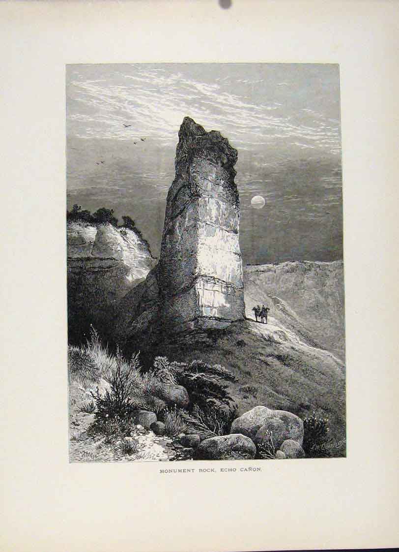 Original Old Antique Print Monumnet Rock Echo Canon Wood Engraved