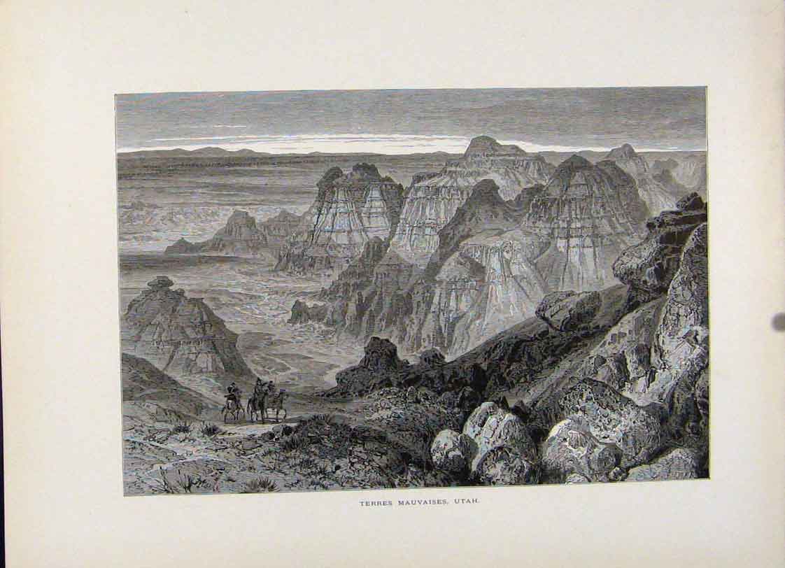 Original Old Antique Print Terres Mauvaises Uthah Wood Engraving