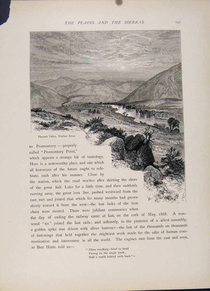 Original Old Antique Print Plains Sierra Valley Truckee River Engraving