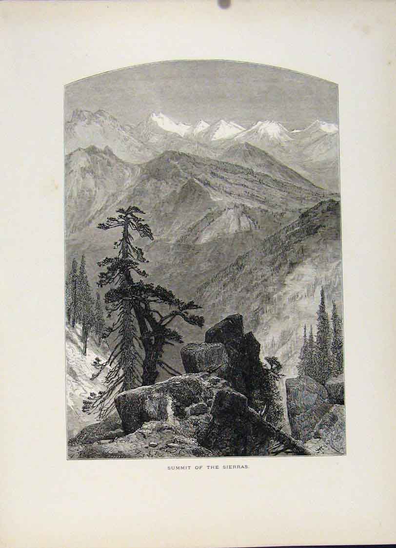 Original Old Antique Print Engravings Wood C1872 Summit Sierras Art Victorian