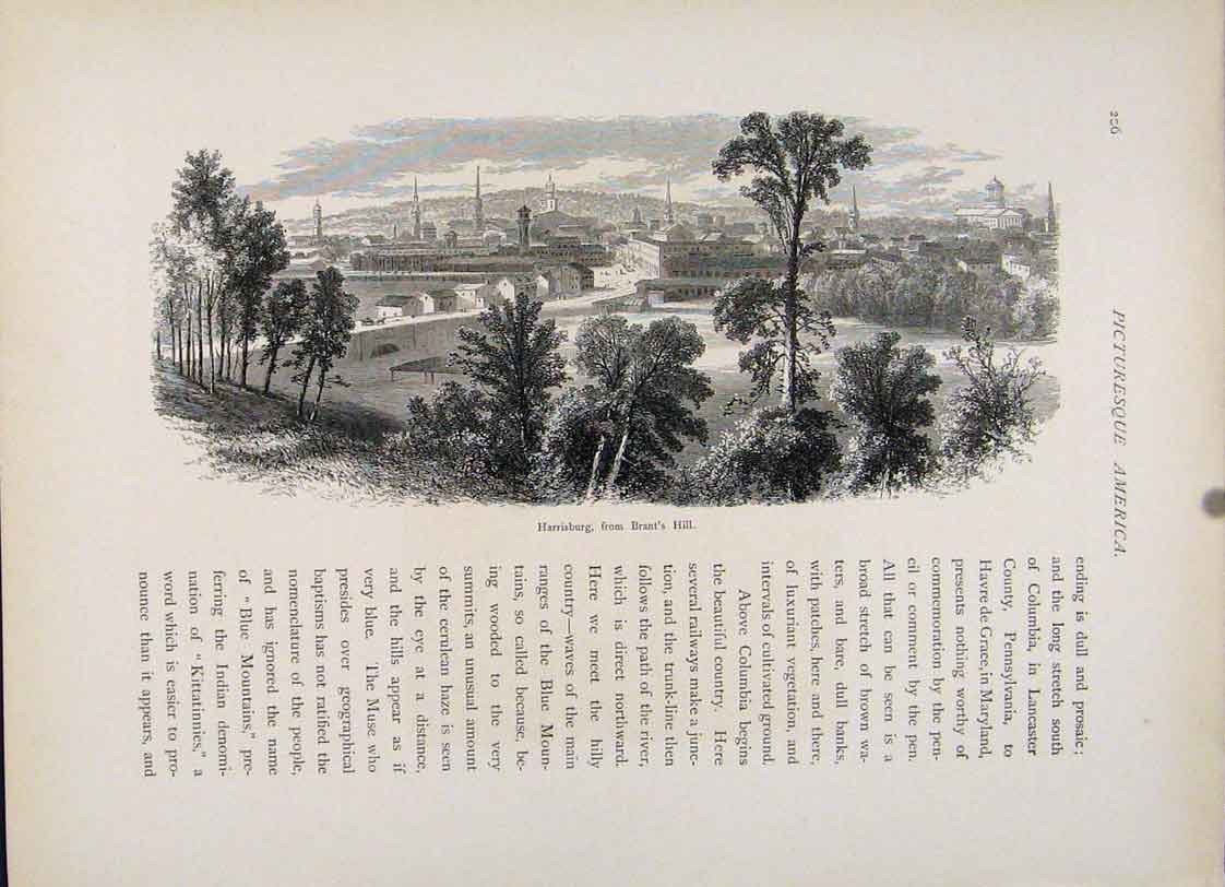 Original Old Antique Print Harrisburg Brants Hill Fine Art Engraving