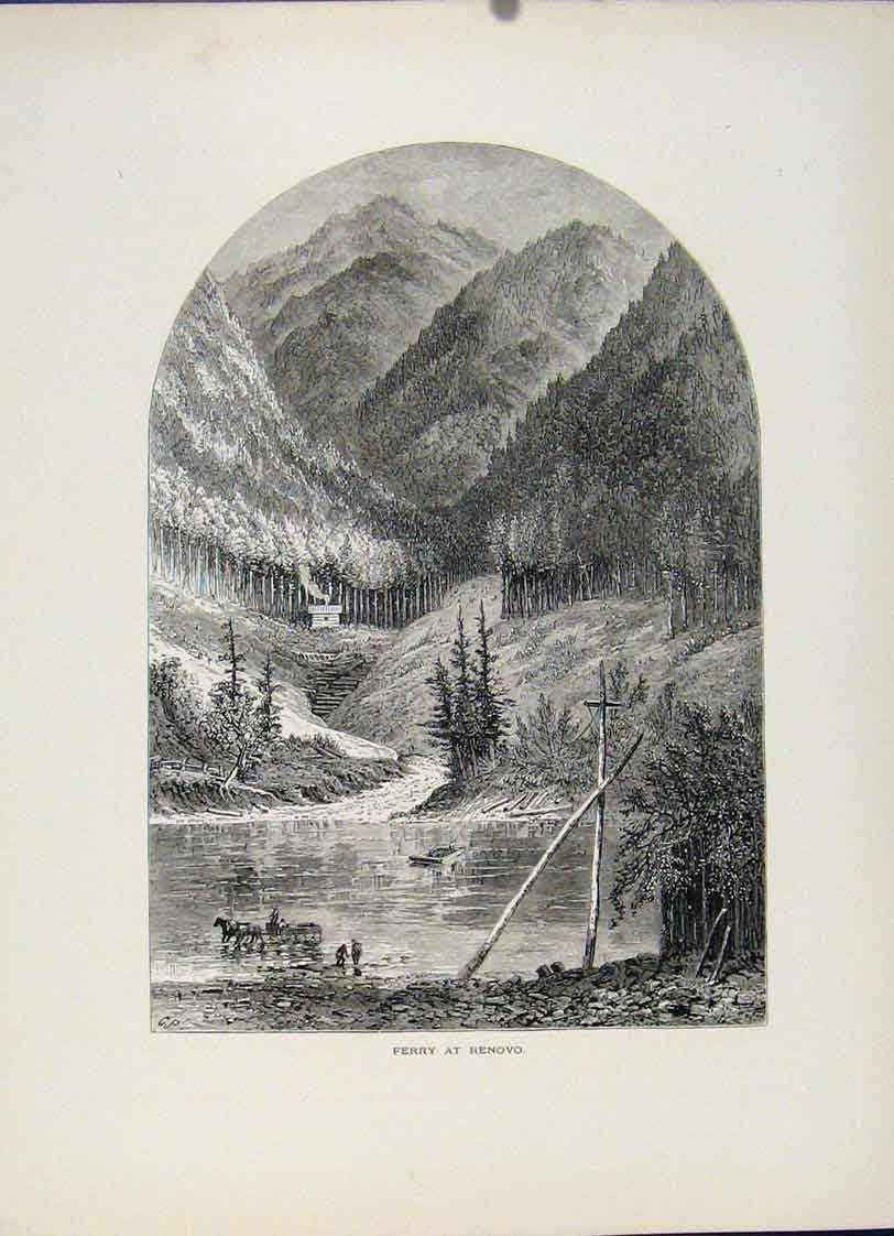 Original Old Antique Print Ferry Renovo Fine Art Wood Engraving C1872 Victorian