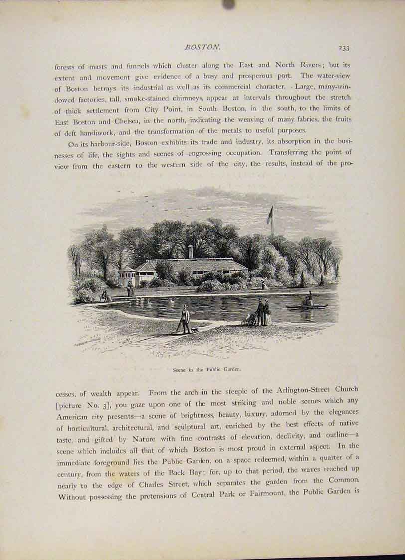 Original Old Antique Print Public Garden Boston Fine Art Wood Engraving 1872