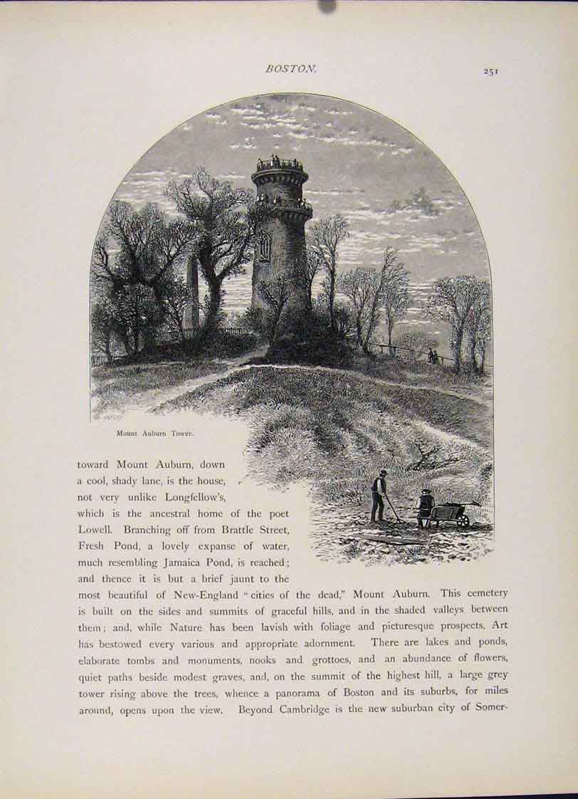 Original Old Antique Print Boston Mount Auburn Tower Wood Engraving