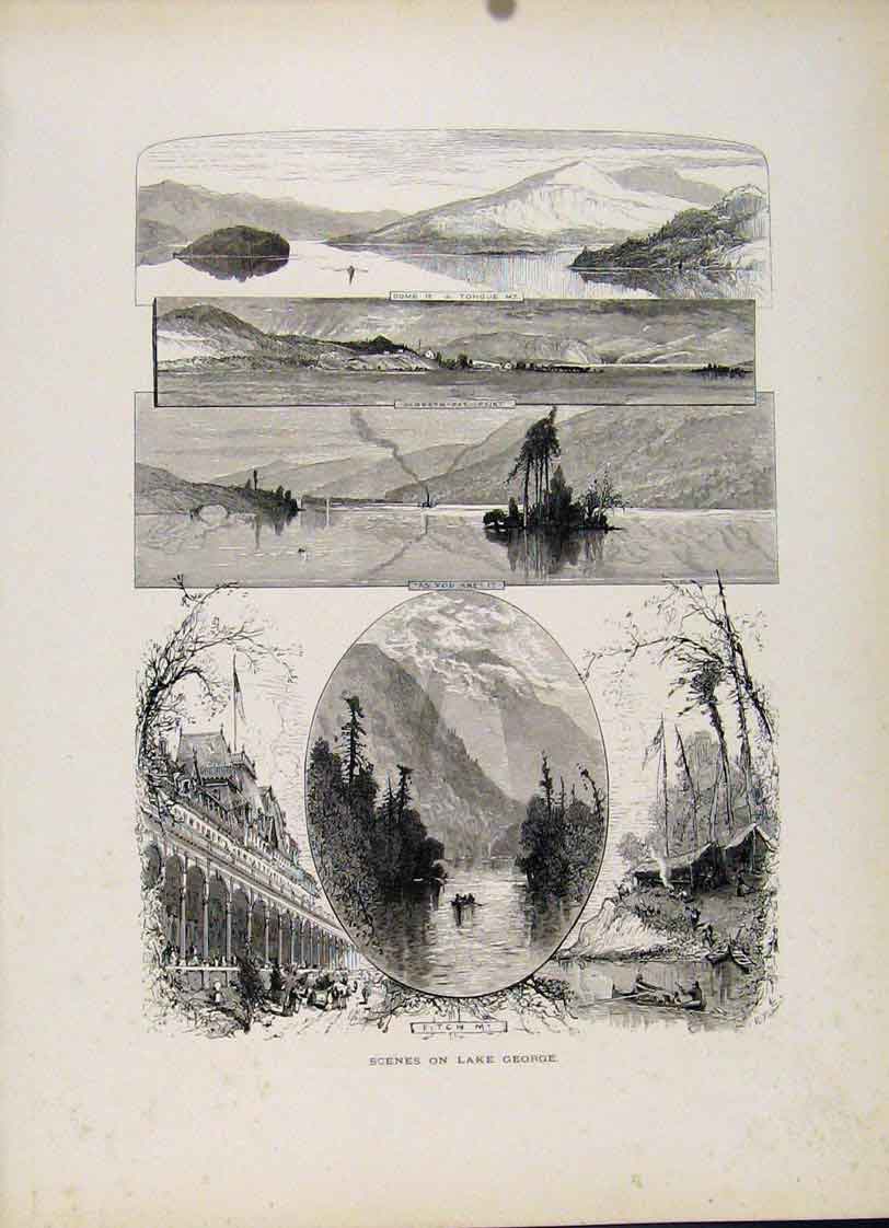 Original Old Antique Print Scenes Lake George Dome Sabbath Point Fitch