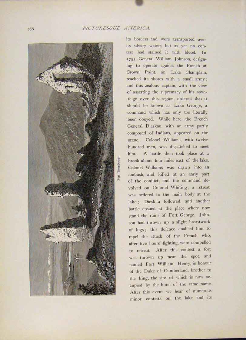Original Old Antique Print Fort Ticonderoga Engraved Wood C1872 Art Victorian