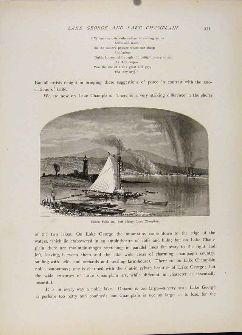Original Old Antique Print Lake George Champlain Crown Point Port Henry
