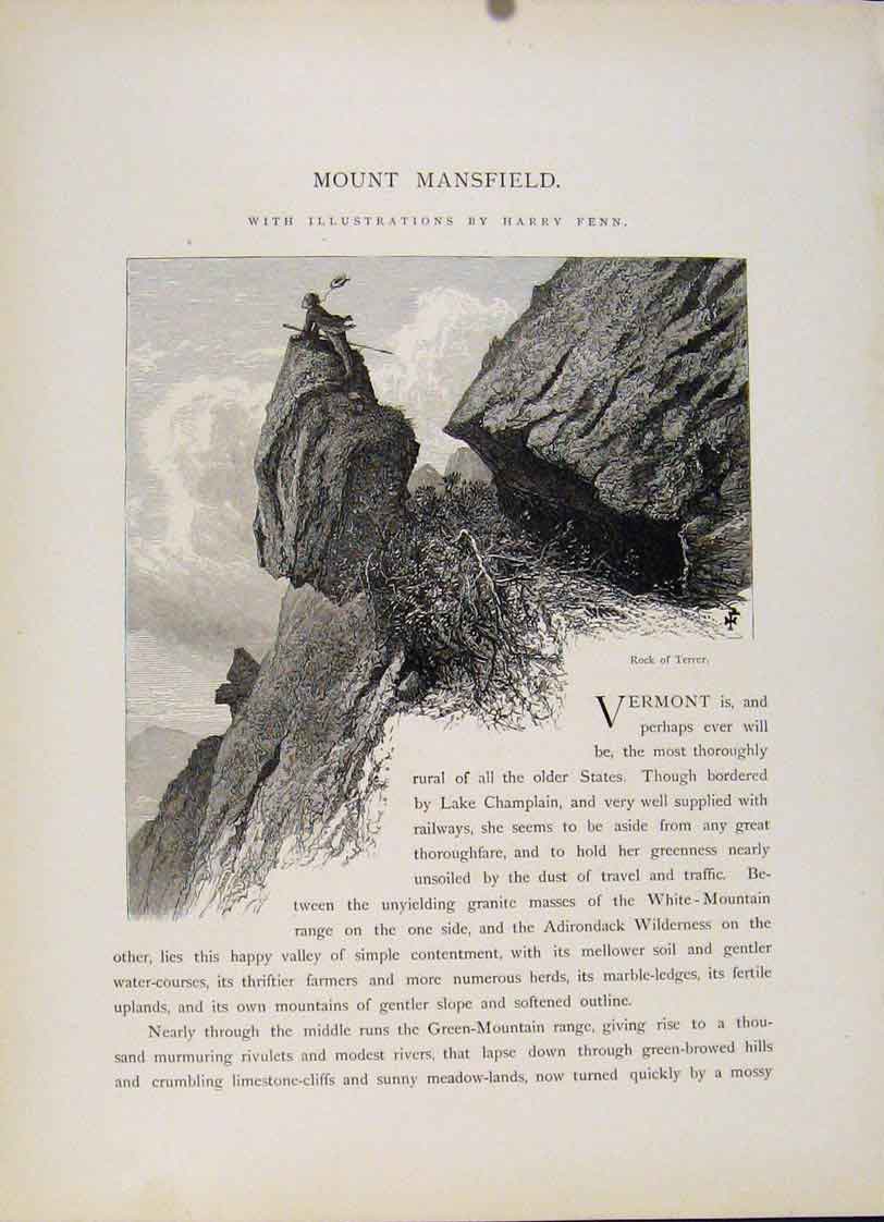 Original Old Antique Print Mount Mansfield Rock Terror Wood Engraving