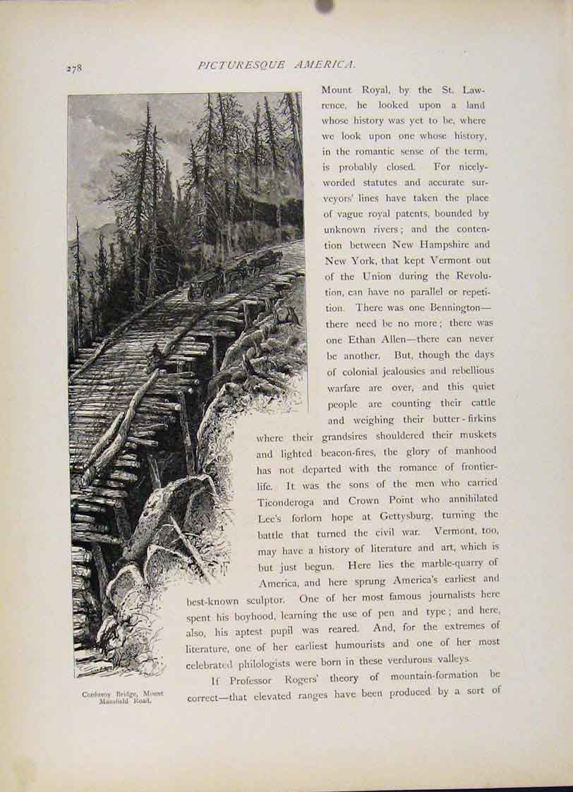 Original Old Antique Print Corduroy Bridge Mount Mansfield Road Engraved
