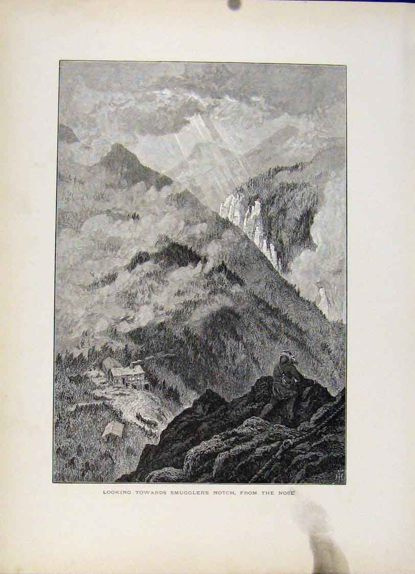 Original Old Antique Print Smugglers Notch Nose Wood Engraving Art