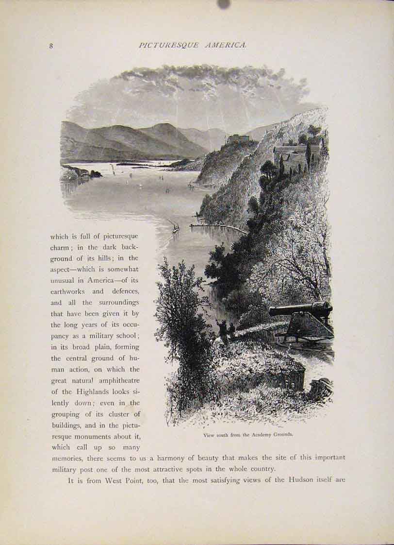 Original Old Antique Print South Academy Grounds Wood Engraved