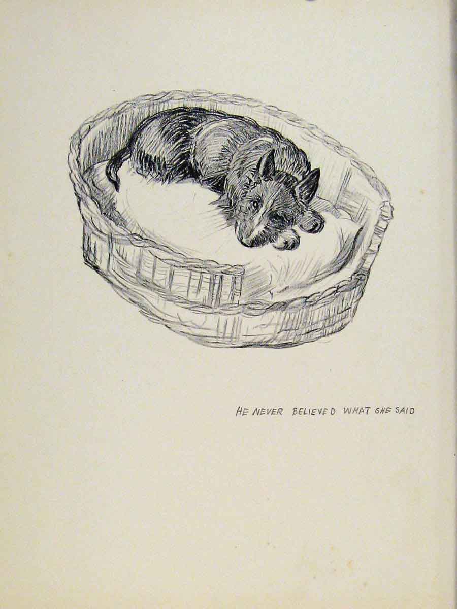 Original Old Vintage Print Dog Sleeping Basket Hound Pet Sketch C1938 20th