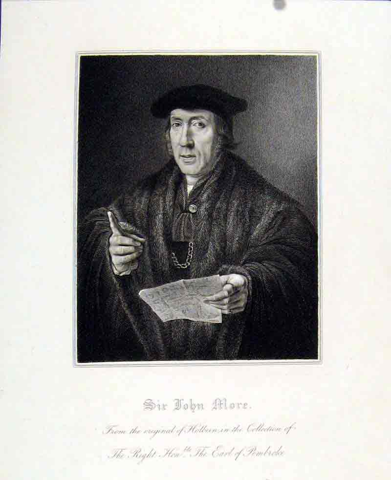Original Old Antique Print Portrait Sir John More C1830 Pembroke 19th Century