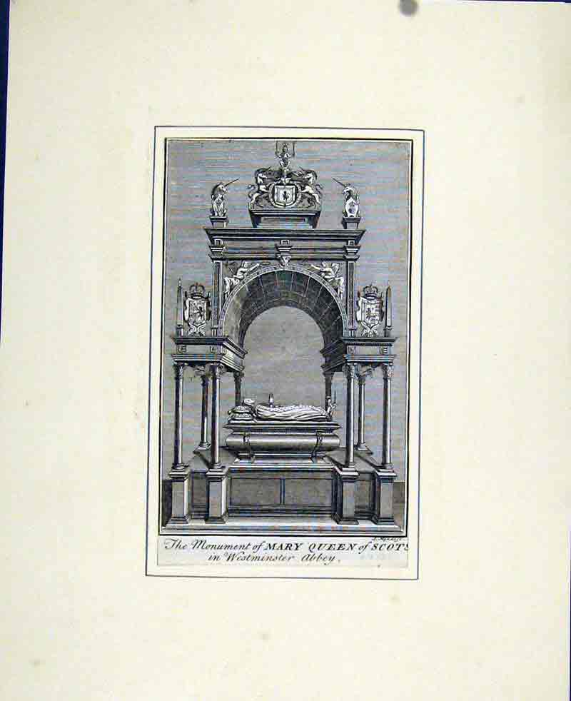 Original Old Antique Print Fine Art Portrait C1830 Monument Mary Queen Scots