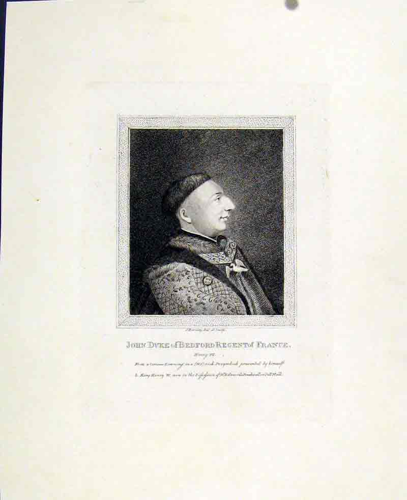 Original Old Antique Print John Duke Bedford Regent France Portrait C1830 19th