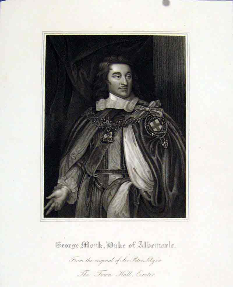 Original Old Antique Print George Monk Duke Albemarle Exeter Town Hall Portrait