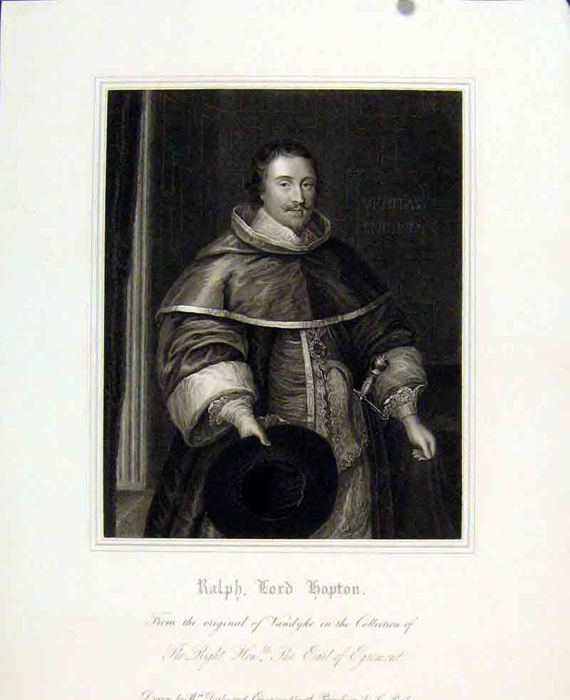 Original Old Antique Print Ralph Lord Hopton Portrait Fine Art 1830 19th Century