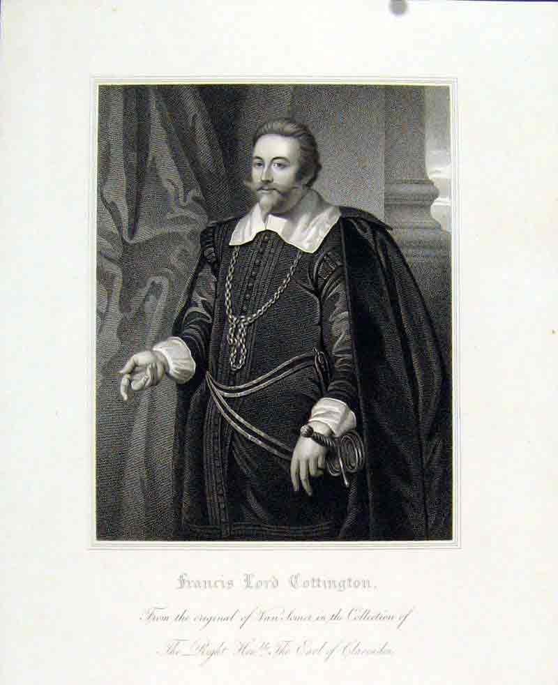 Original Old Antique Print Francis Lord Cottington Earl Clarendon Portrait C1830