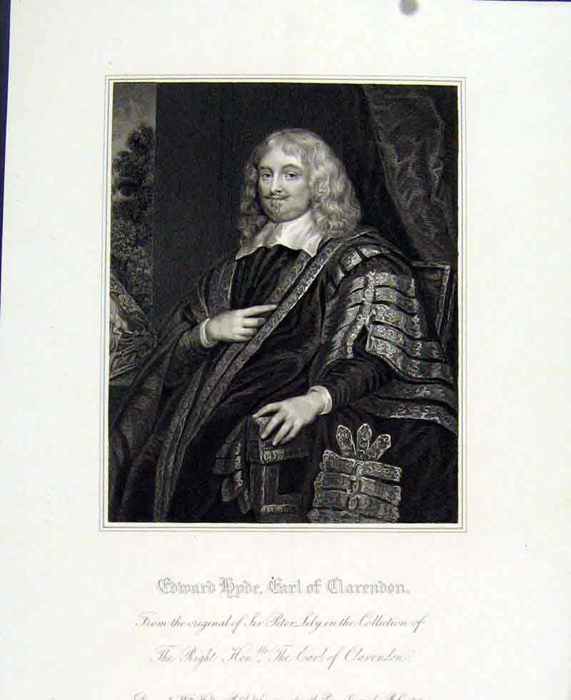 Original Old Antique Print Edward Hyde Earl Clarendon Portrait C1830 19th