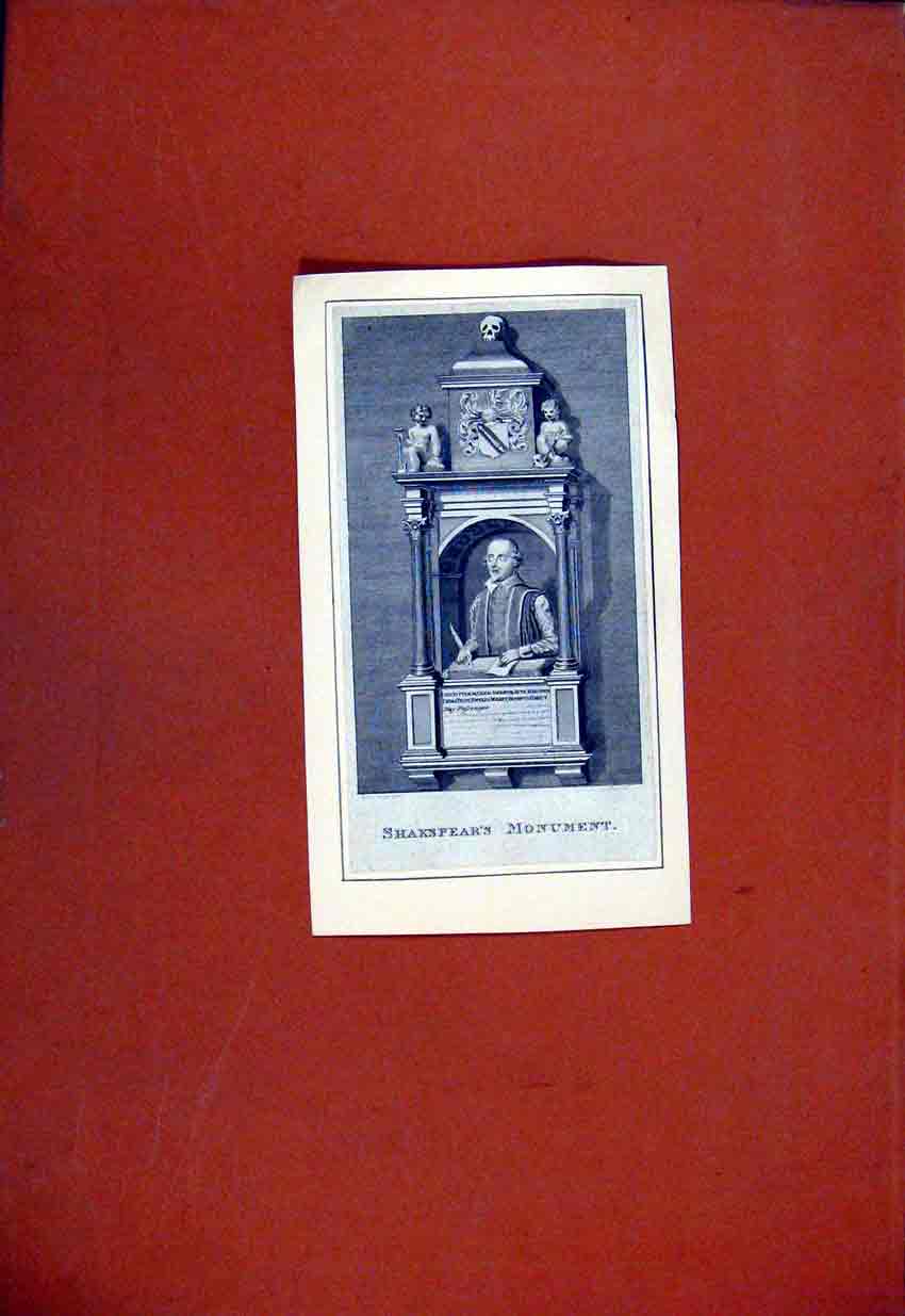 Original Old Antique Print Shakspears Monument Art C1829 Portrait 19th Century