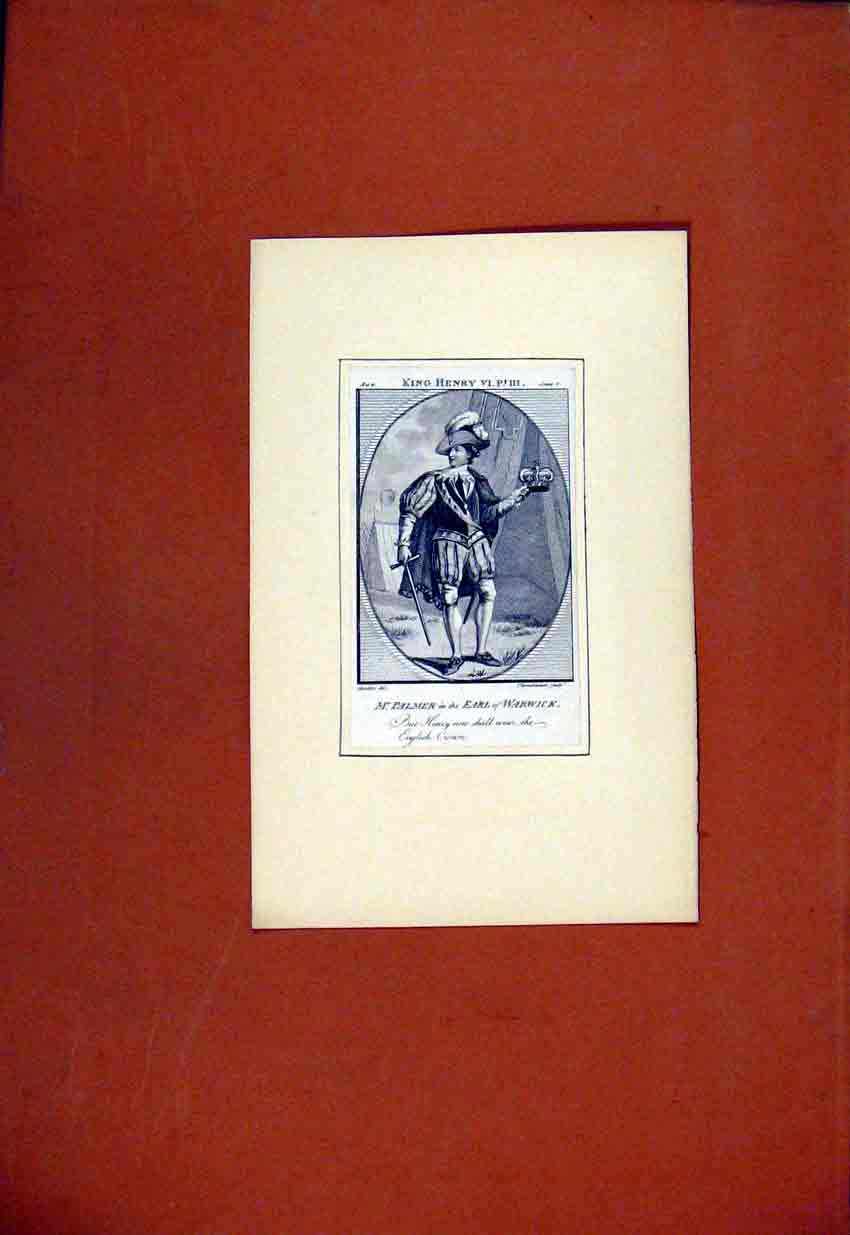 Original Old Antique Print King Henry Vi Plamer Earl Warwick Portrait